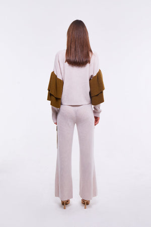Dual Tone Ruffled Embellished Cardigan in Oyster and Monk