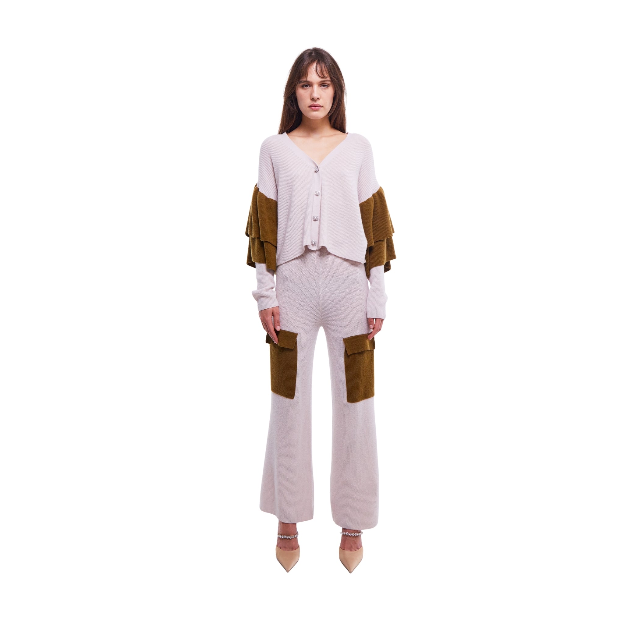 Dual Tone Ruffled Embellished Cardigan in Oyster and Monk