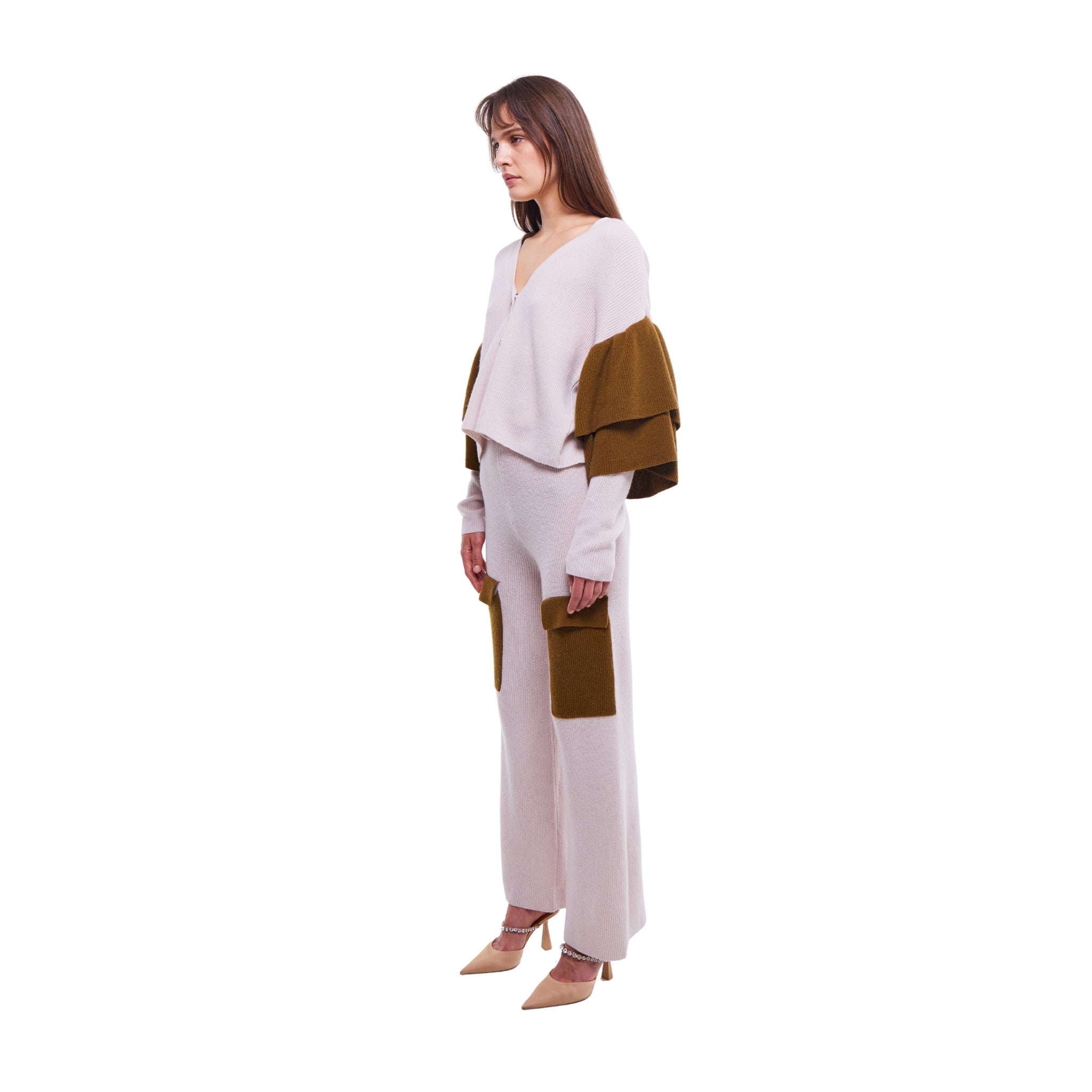 Dual Tone Ruffled Embellished Cardigan in Oyster and Monk