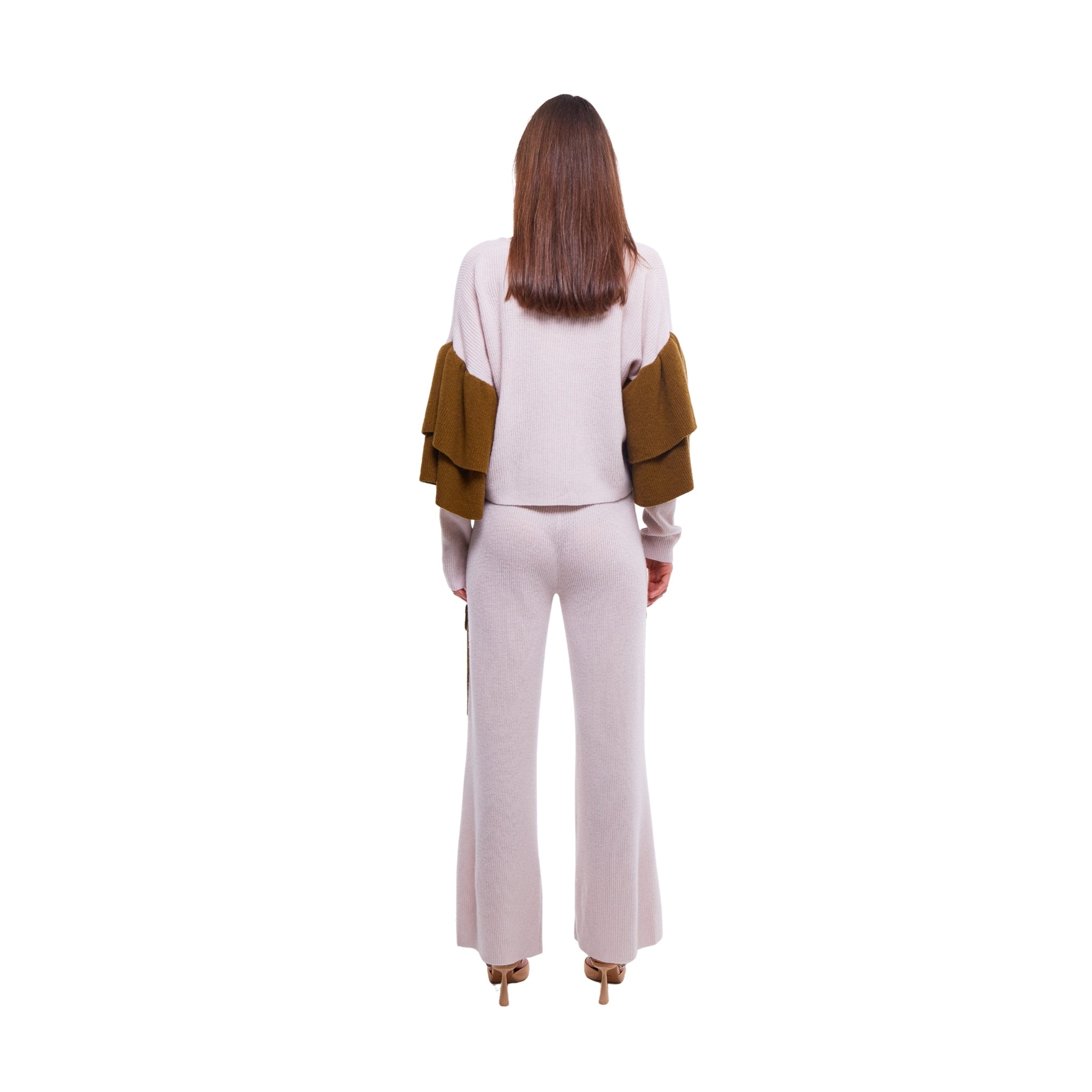 Dual Tone Ruffled Embellished Cardigan in Oyster and Monk