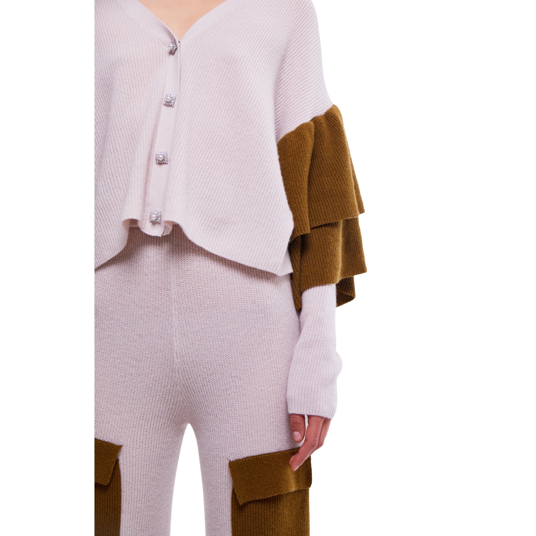 Dual Tone Ruffled Embellished Cardigan in Oyster and Monk