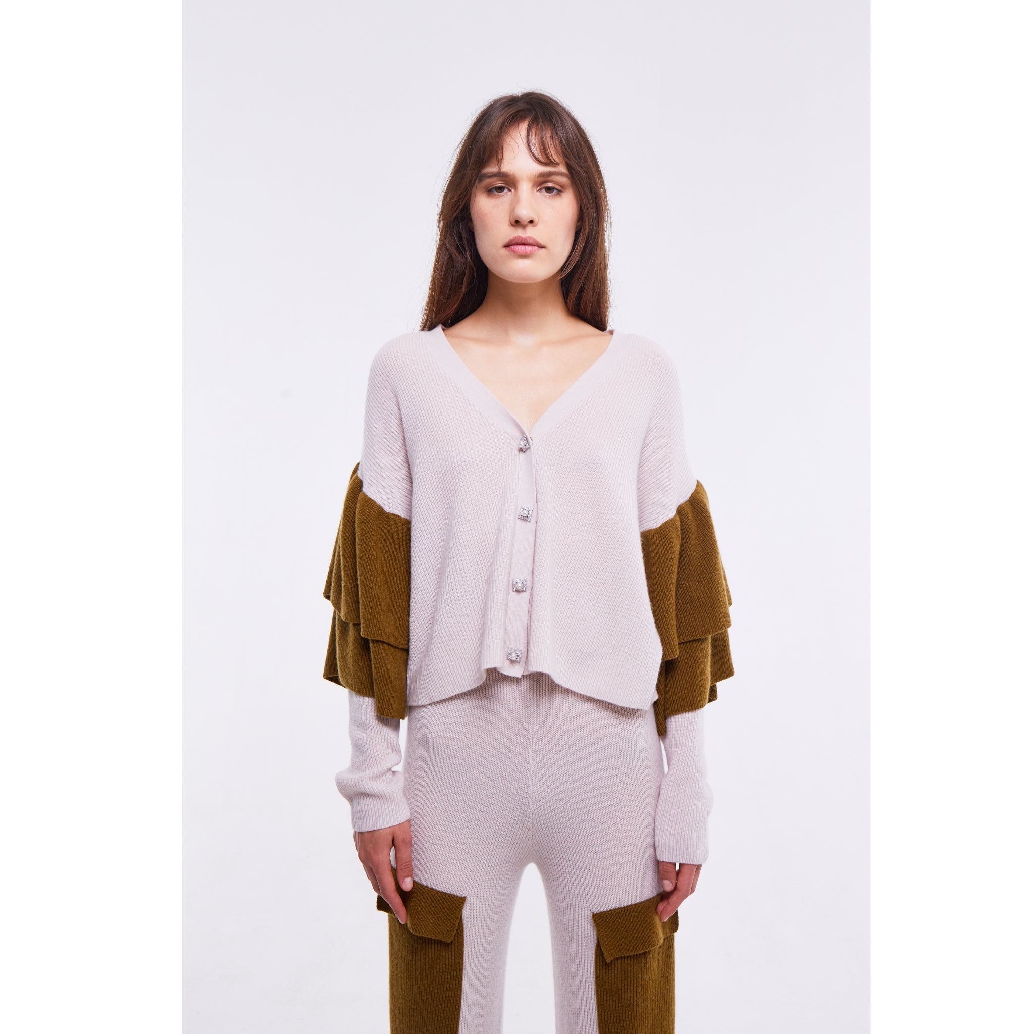 Dual Tone Ruffled Embellished Cardigan in Oyster and Monk