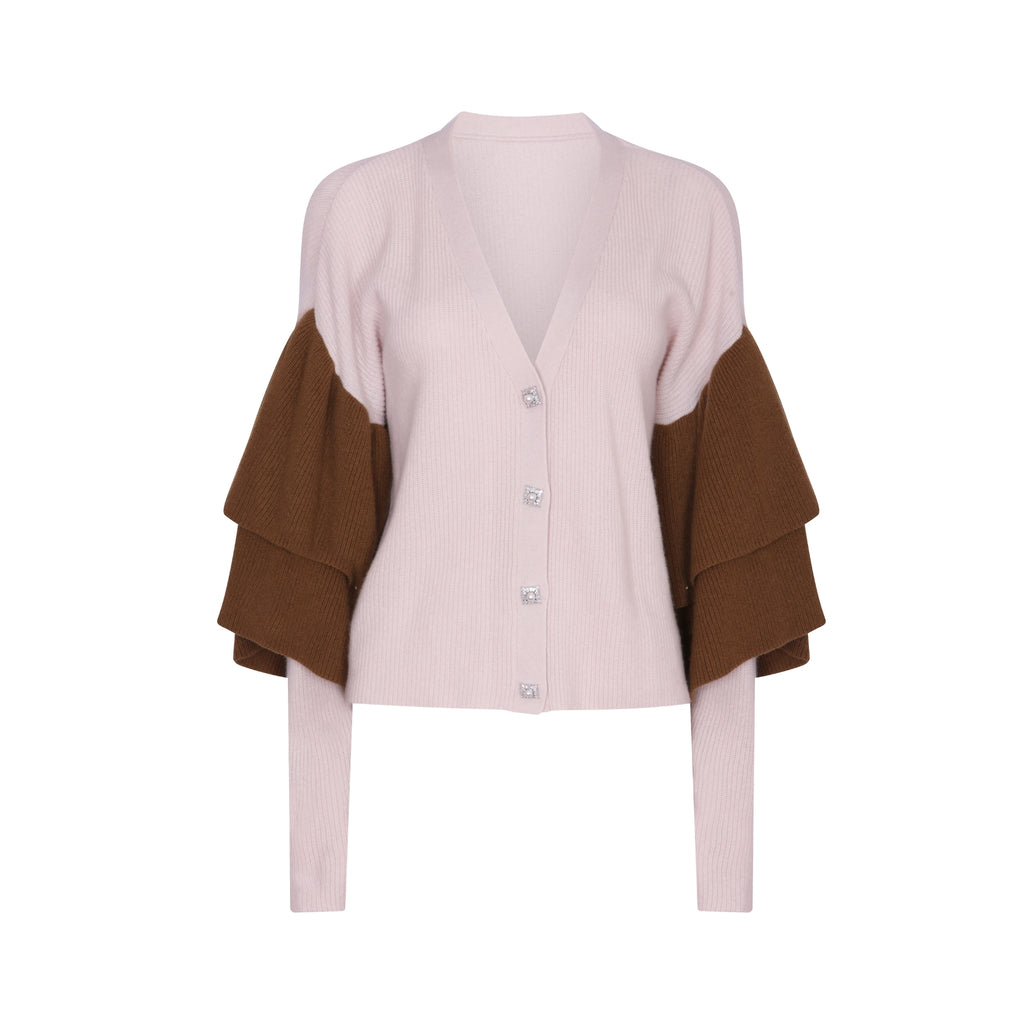 Dual Tone Ruffled Embellished Cardigan in Oyster and Monk