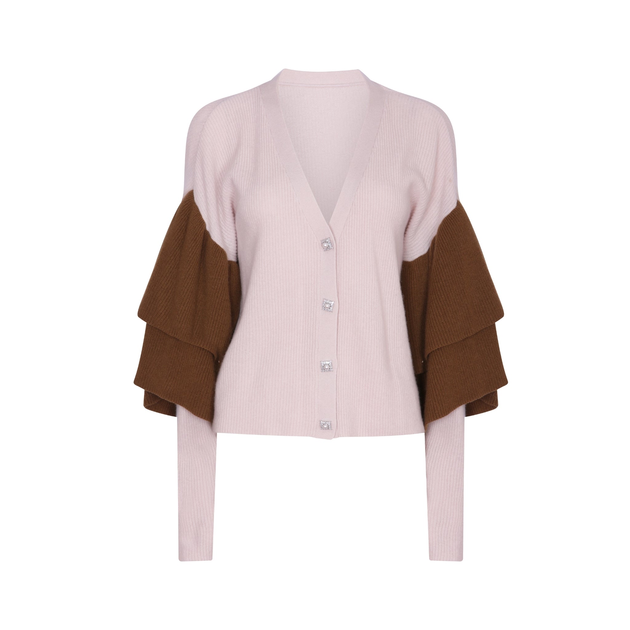Dual Tone Ruffled Embellished Cardigan in Oyster and Monk