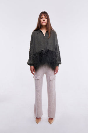 Cropped Cable Knit Jacket with Shearling Trim in Army