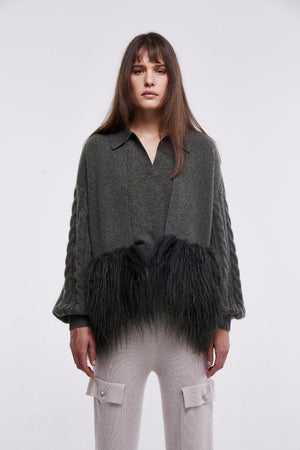 Cropped Cable Knit Jacket with Shearling Trim in Army