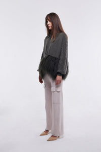 Cropped Cable Knit Jacket with Shearling Trim in Army