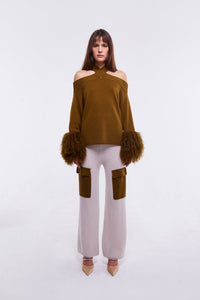Criss-Cross Sweater with Shearling Cuffs in Monk