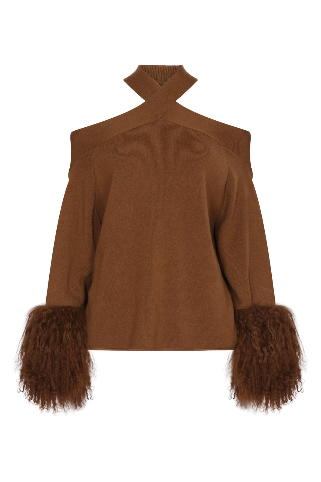 Criss-Cross Sweater with Shearling Cuffs in Monk