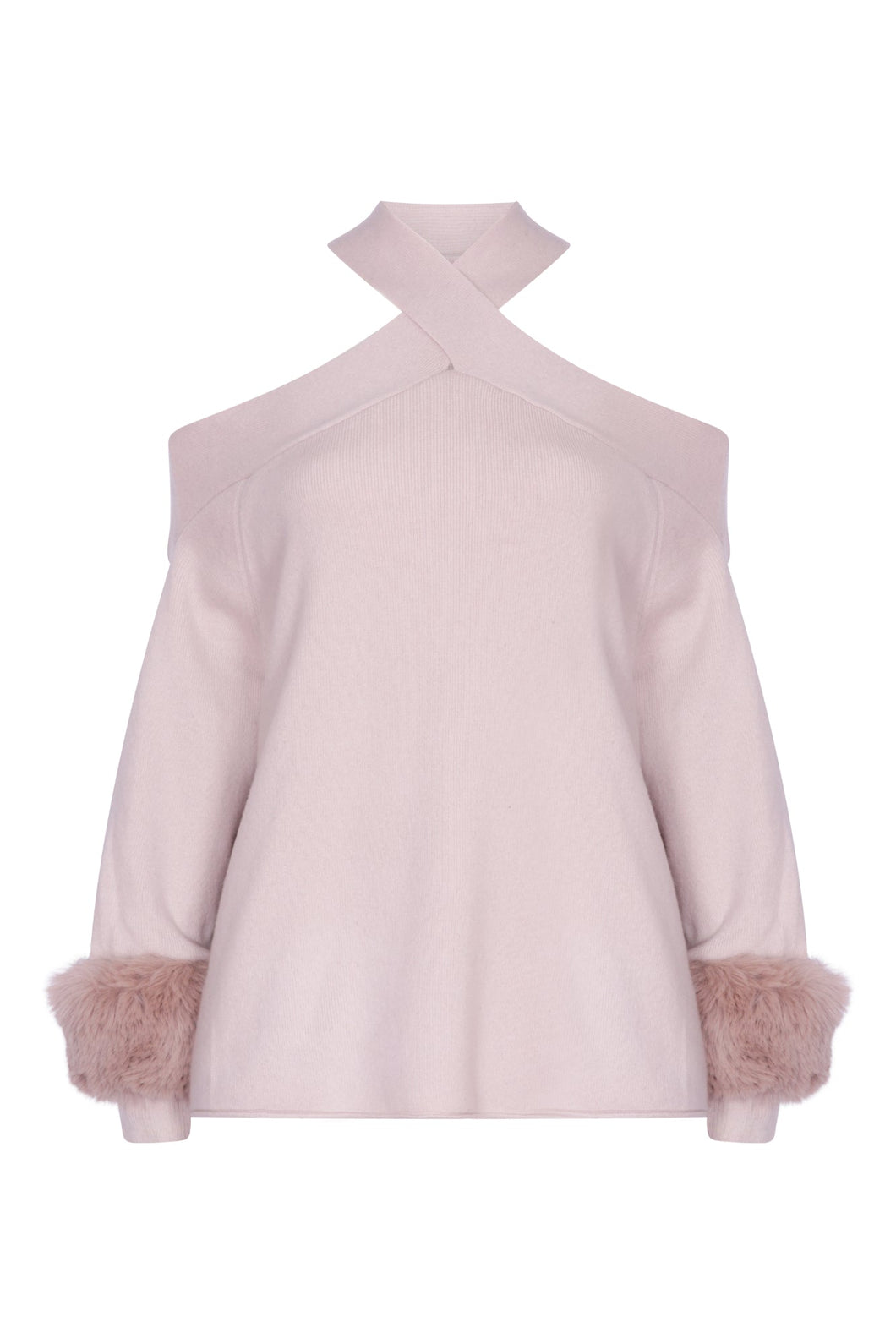 Criss-Cross Sweater with Faux Fur Cuffs in Oyster