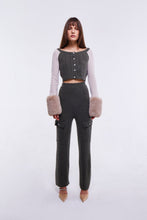 Load image into Gallery viewer, Colour Block Embellished Cropped Cardigan with Faux Fur Cuffs in Army and Oyster
