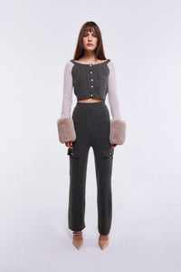 Colour Block Embellished Cropped Cardigan with Faux Fur Cuffs in Army and Oyster