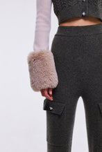 Load image into Gallery viewer, Colour Block Embellished Cropped Cardigan with Faux Fur Cuffs in Army and Oyster
