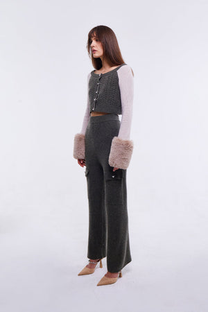 Colour Block Embellished Cropped Cardigan with Faux Fur Cuffs in Army and Oyster