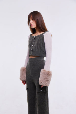 Colour Block Embellished Cropped Cardigan with Faux Fur Cuffs in Army and Oyster