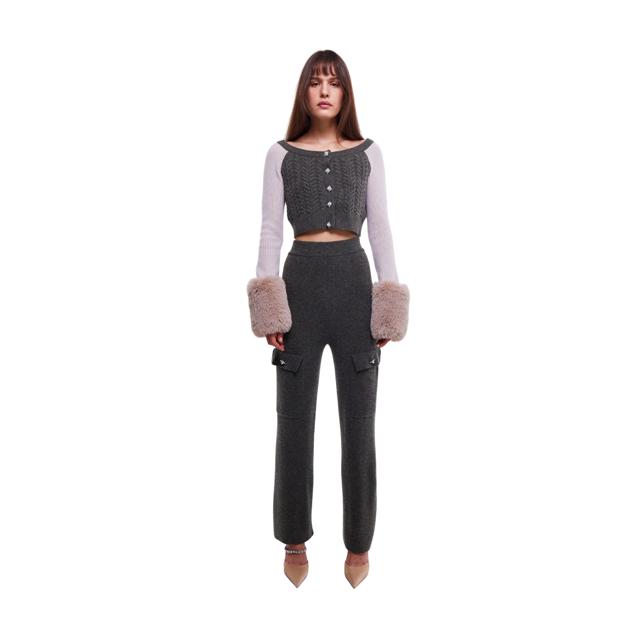 Colour Block Embellished Cropped Cardigan with Faux Fur Cuffs in Army and Oyster