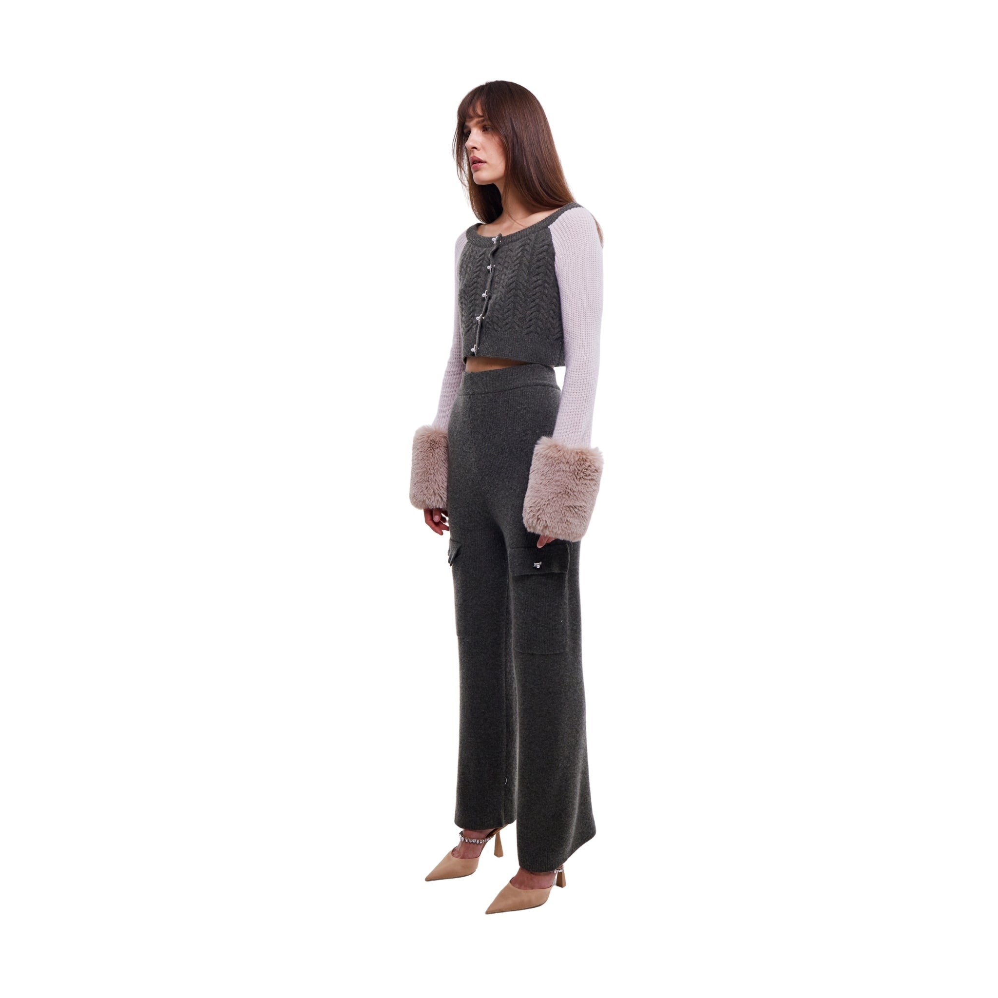 Colour Block Embellished Cropped Cardigan with Faux Fur Cuffs in Army and Oyster