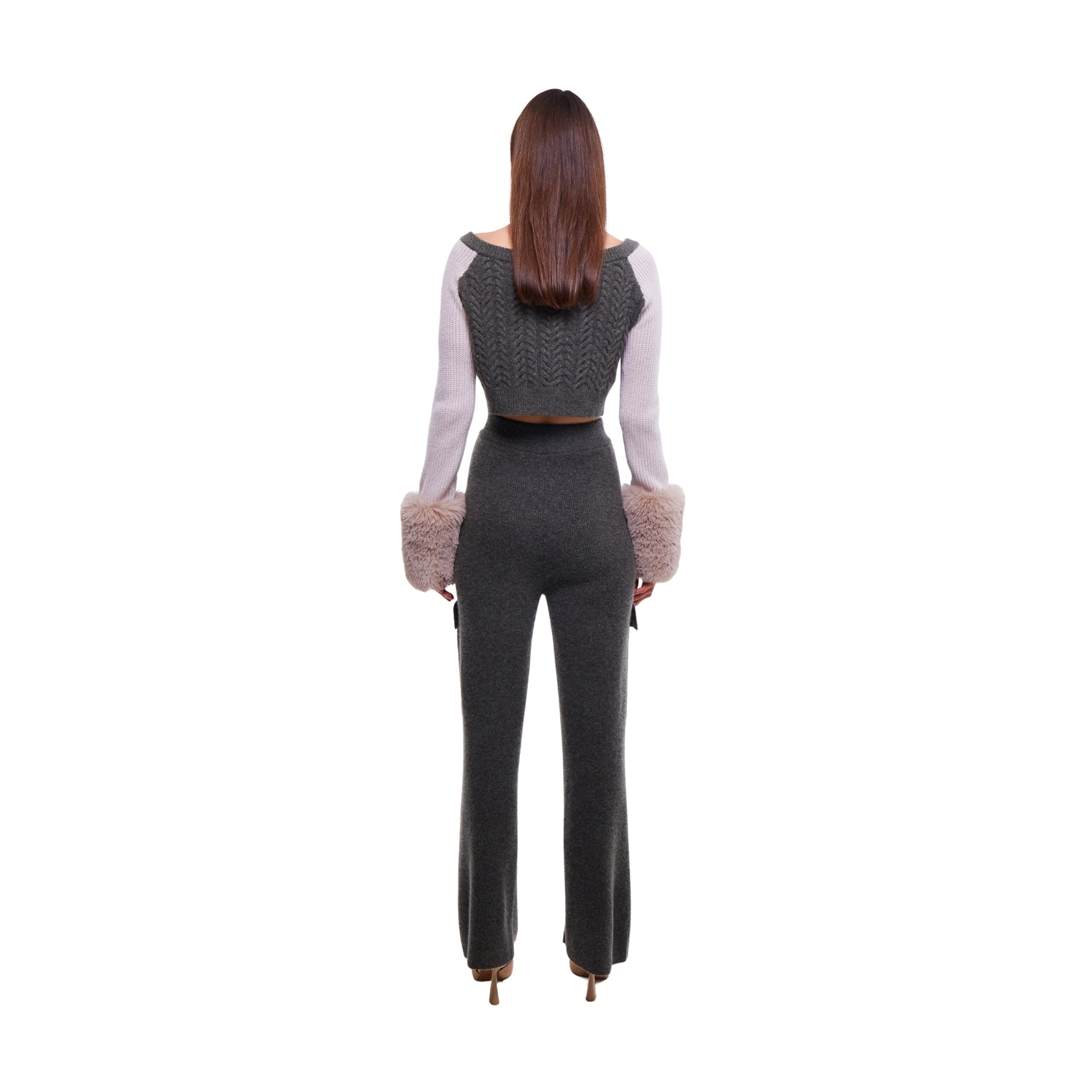 Colour Block Embellished Cropped Cardigan with Faux Fur Cuffs in Army and Oyster