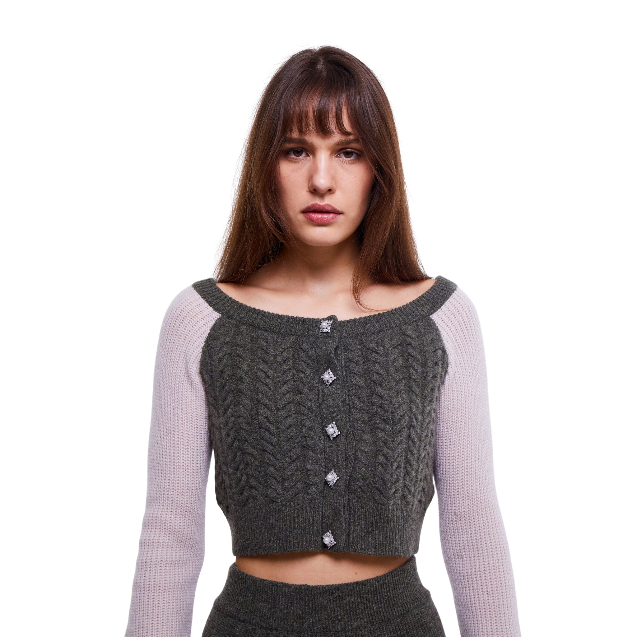Colour Block Embellished Cropped Cardigan with Faux Fur Cuffs in Army and Oyster