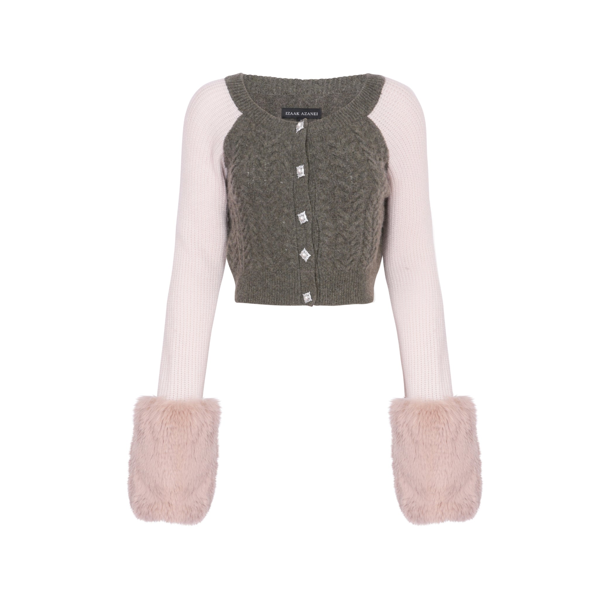 Colour Block Embellished Cropped Cardigan with Faux Fur Cuffs in Army and Oyster