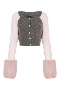 Colour Block Embellished Cropped Cardigan with Faux Fur Cuffs in Army and Oyster