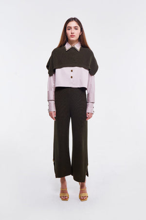 Embellished Shirt in Light Stone with Olive Knit Cape