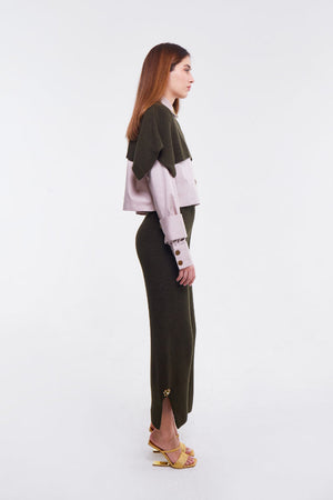Embellished Shirt in Light Stone with Olive Knit Cape