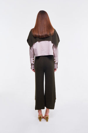 Embellished Shirt in Light Stone with Olive Knit Cape