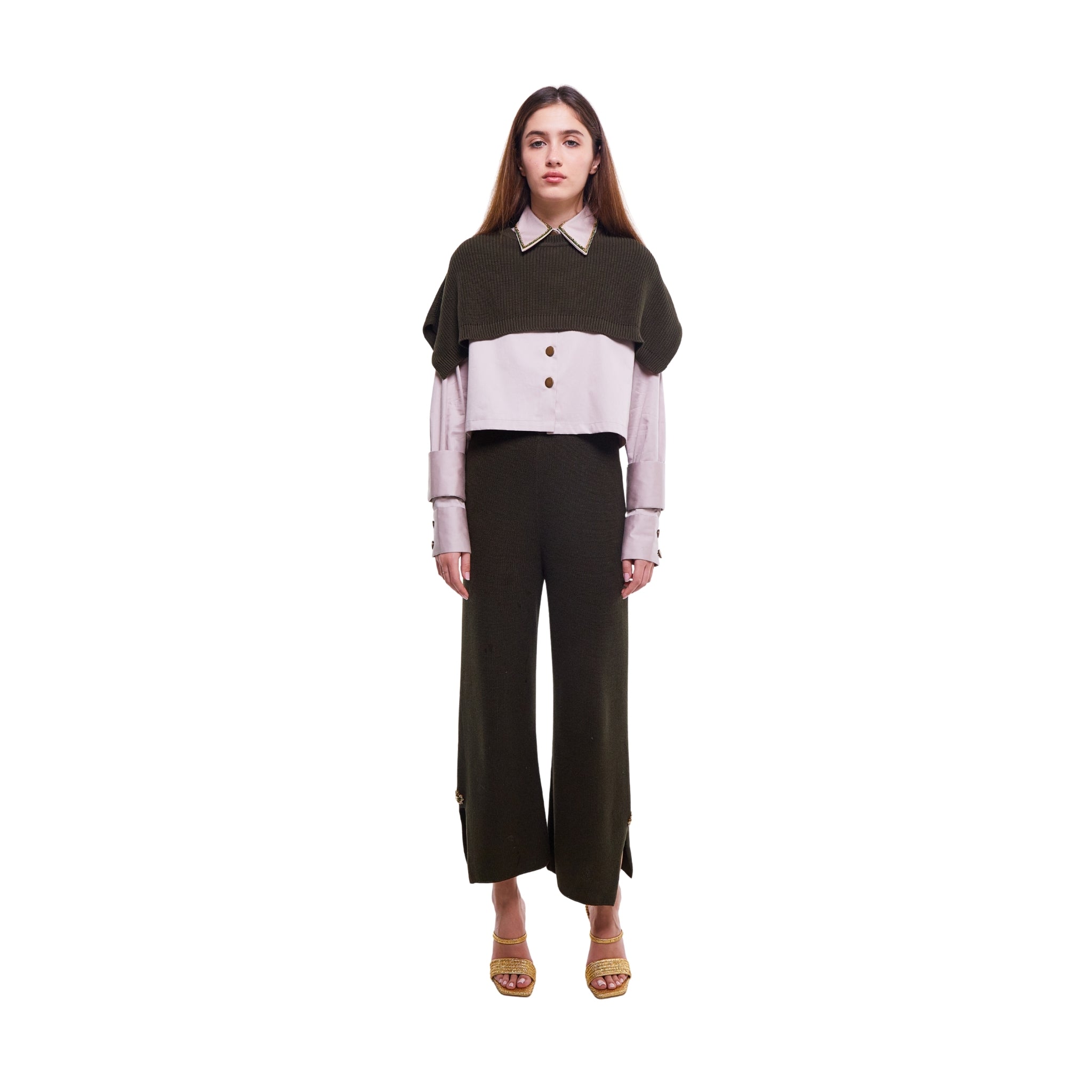 Embellished Shirt in Light Stone with Olive Knit Cape