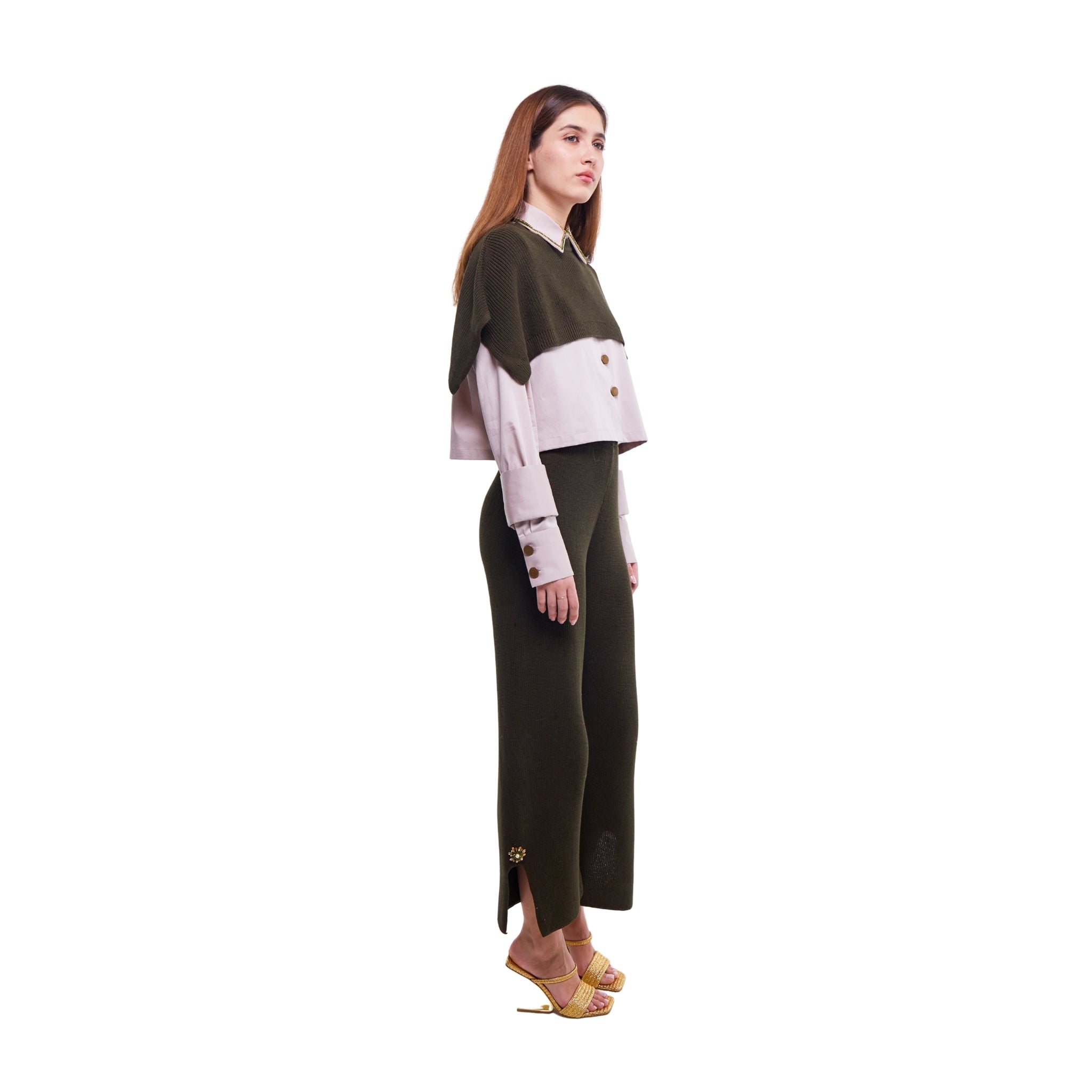 Embellished Shirt in Light Stone with Olive Knit Cape