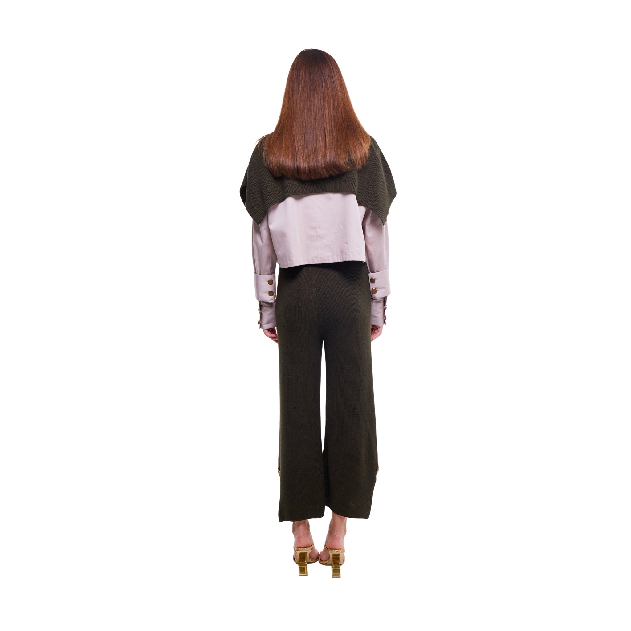Embellished Shirt in Light Stone with Olive Knit Cape