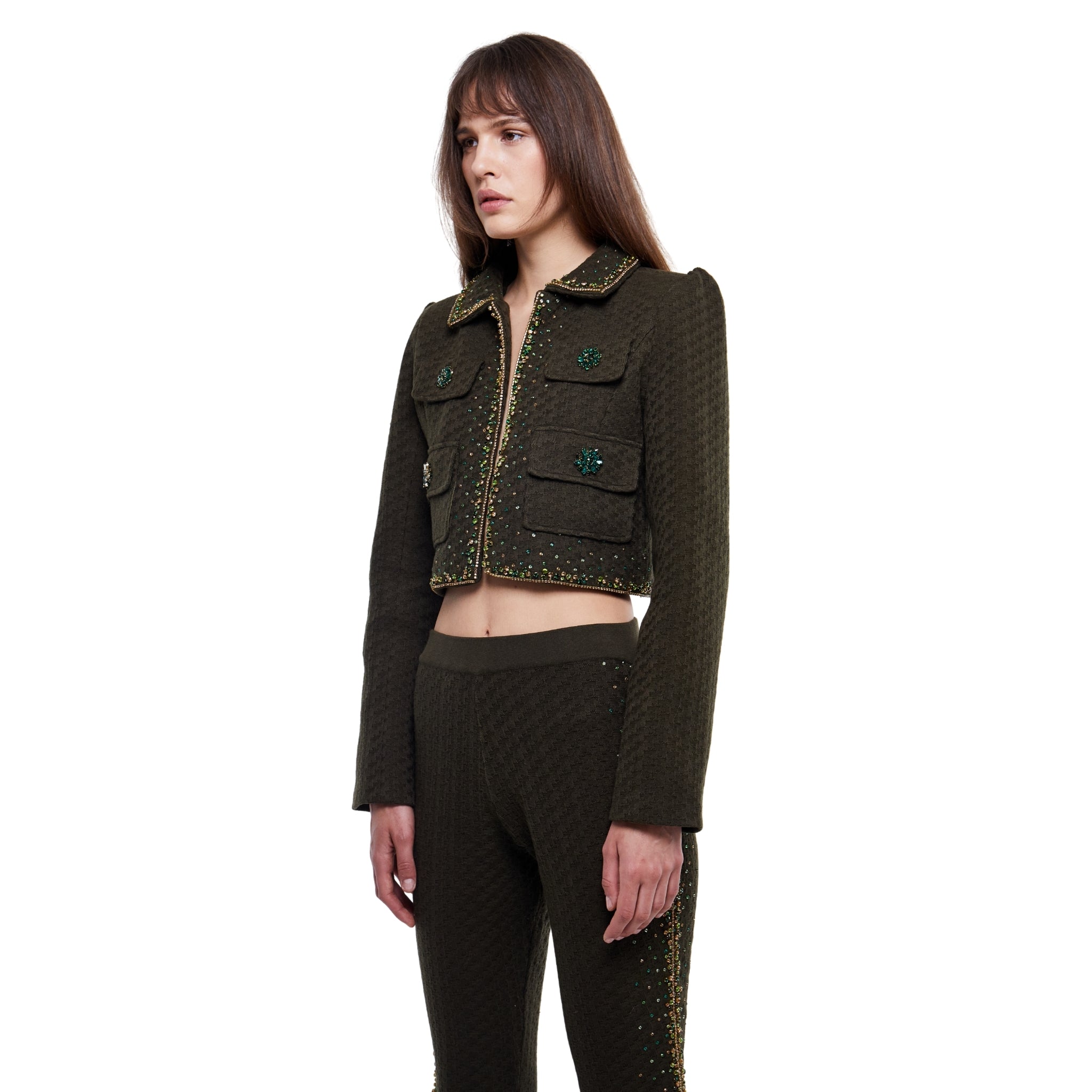 Embellished Structured Pants in Olive