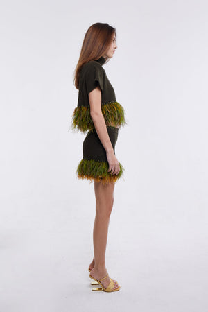 Feather Trim Mini Skirt in Olive