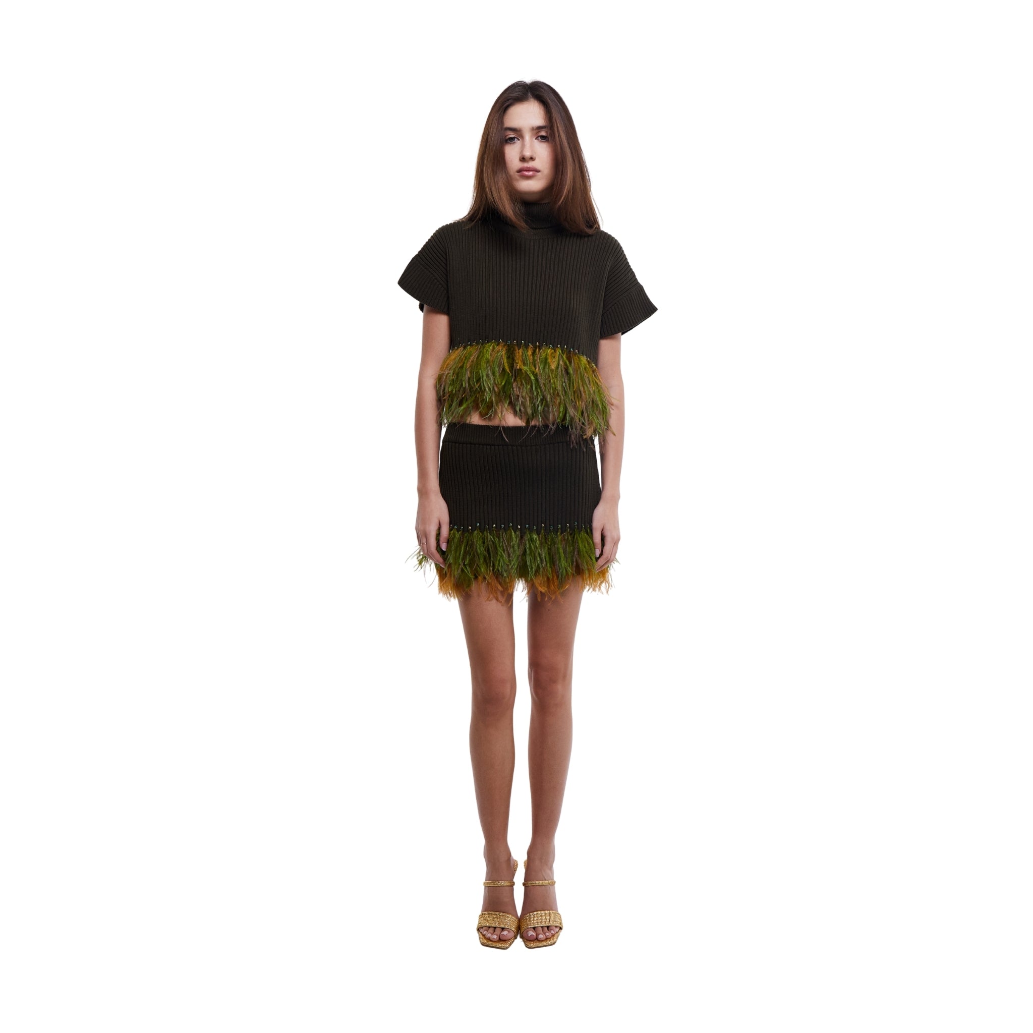 Feather Trim Mini Skirt in Olive