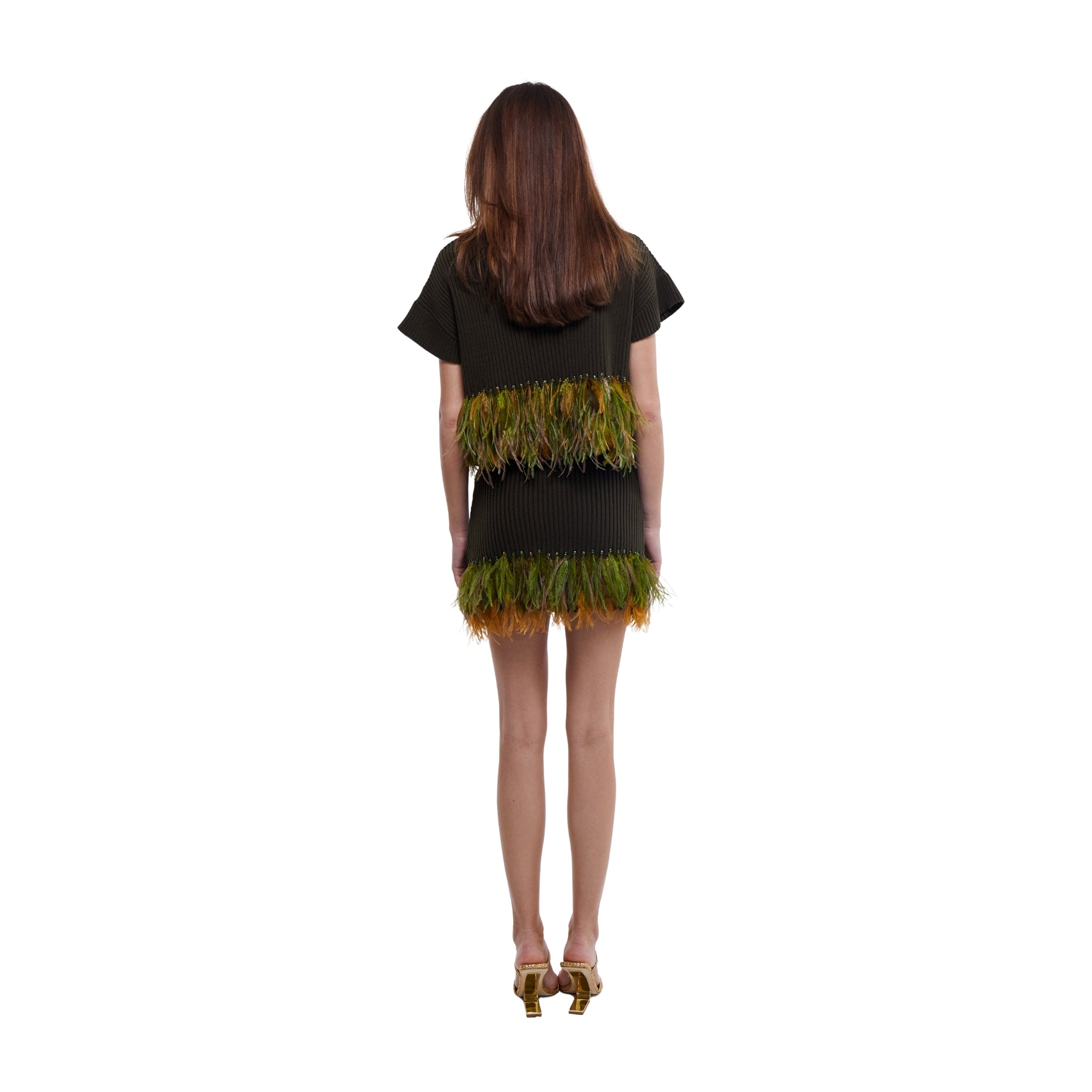 Feather Trim Mini Skirt in Olive
