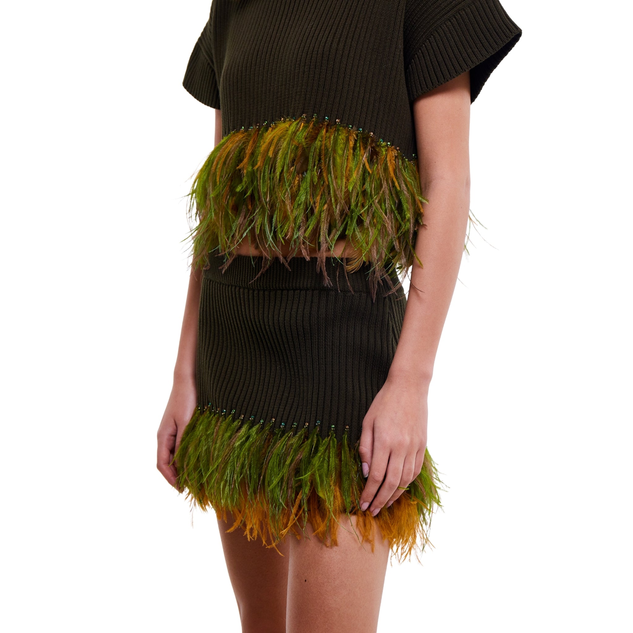 Feather Trim Mini Skirt in Olive
