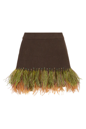 Feather Trim Mini Skirt in Olive