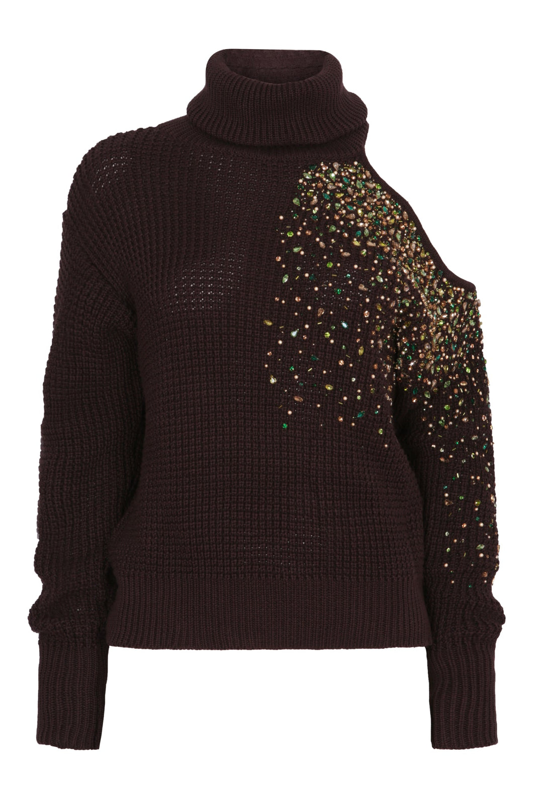 Embellished Cut Out Chunky Polo Neck Sweater in Chestnut