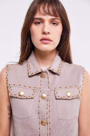 Light Stone Sleeveless Collared Waistcoat with Pocket Detail and Embellishment