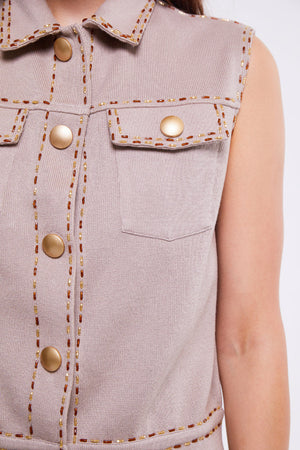 Light Stone Sleeveless Collared Waistcoat with Pocket Detail and Embellishment