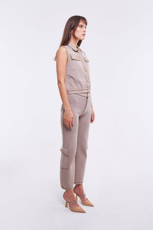 Light Stone Sleeveless Collared Waistcoat with Pocket Detail and Embellishment