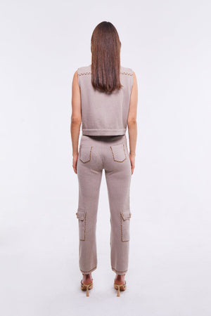 Light Stone Sleeveless Collared Waistcoat with Pocket Detail and Embellishment