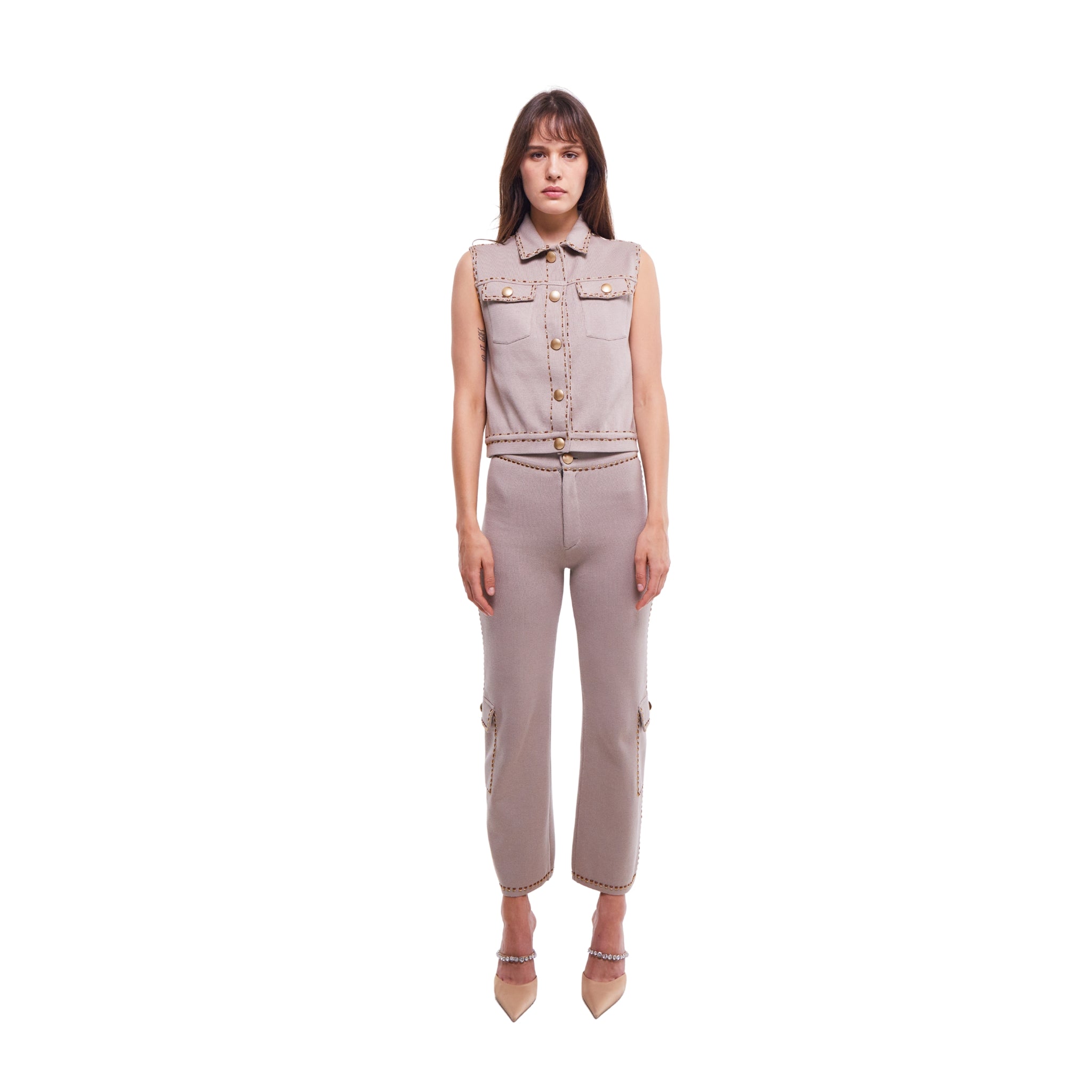 Light Stone Sleeveless Collared Waistcoat with Pocket Detail and Embellishment