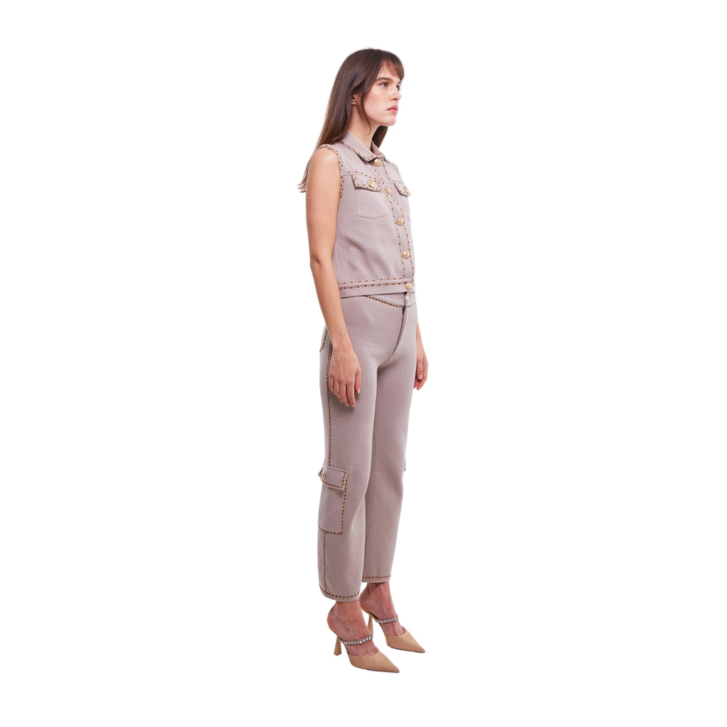 Light Stone Sleeveless Collared Waistcoat with Pocket Detail and Embellishment