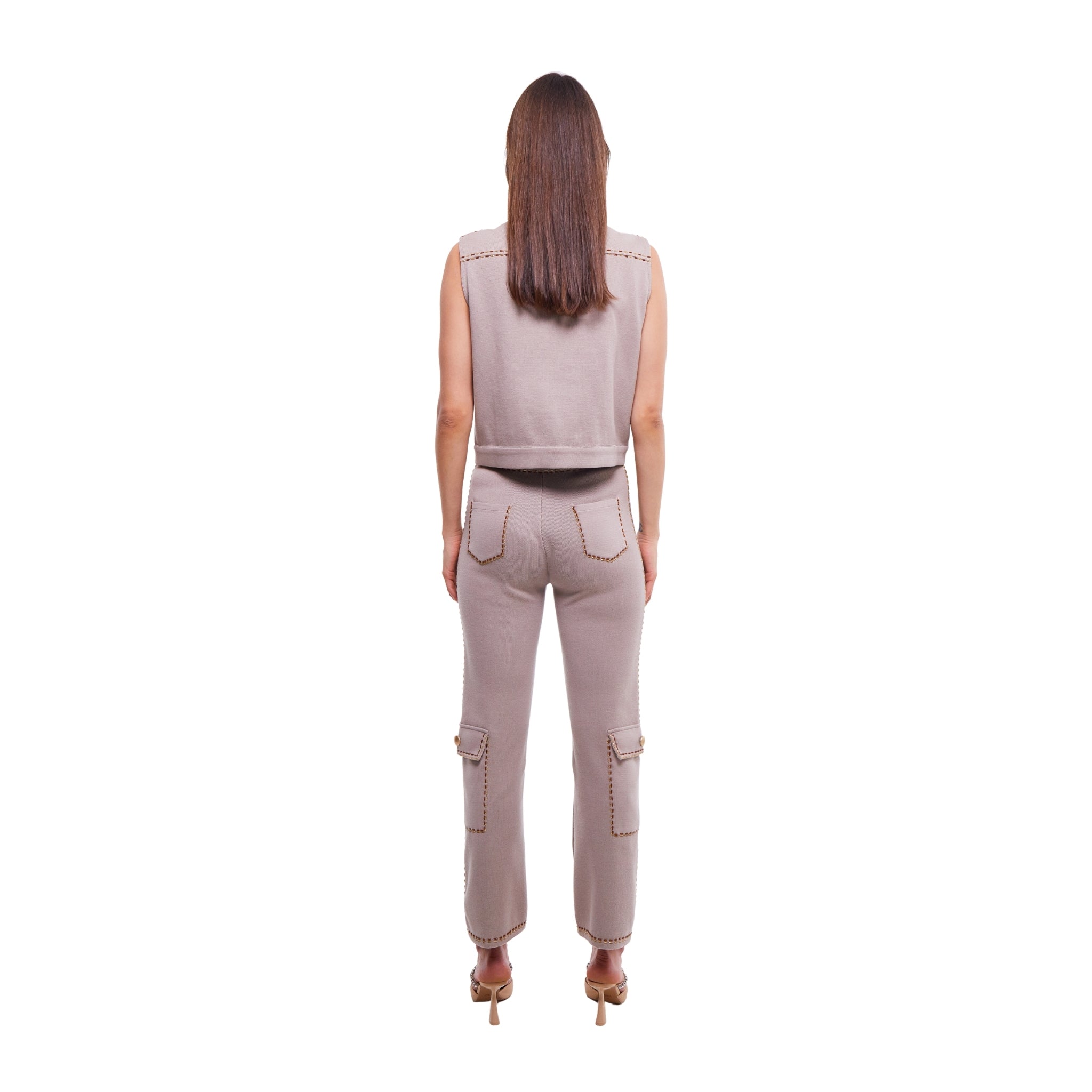 Light Stone Sleeveless Collared Waistcoat with Pocket Detail and Embellishment