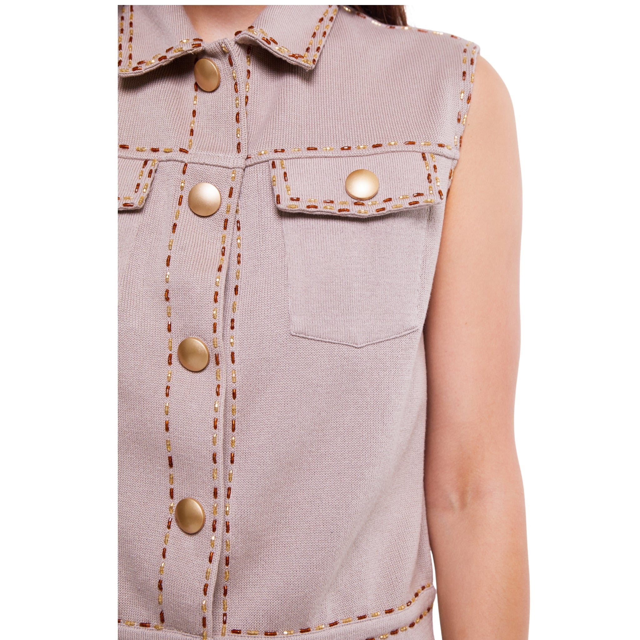 Light Stone Sleeveless Collared Waistcoat with Pocket Detail and Embellishment