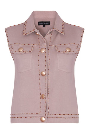 Light Stone Sleeveless Collared Waistcoat with Pocket Detail and Embellishment