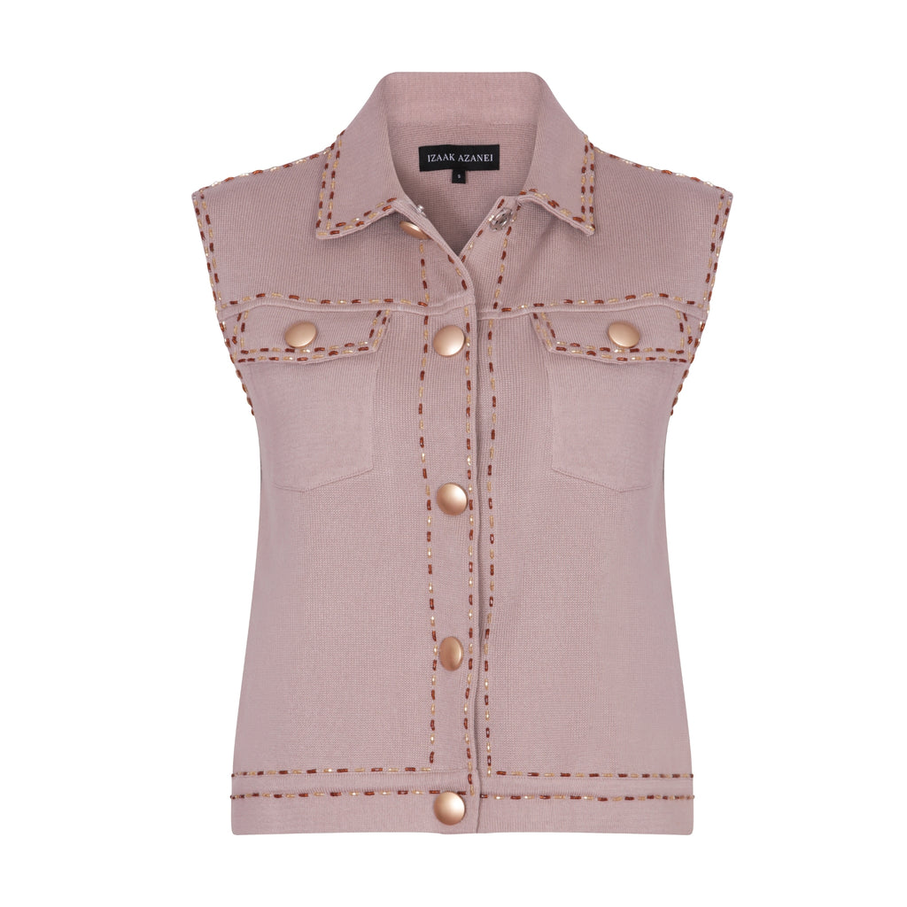 Light Stone Sleeveless Collared Waistcoat with Pocket Detail and Embellishment