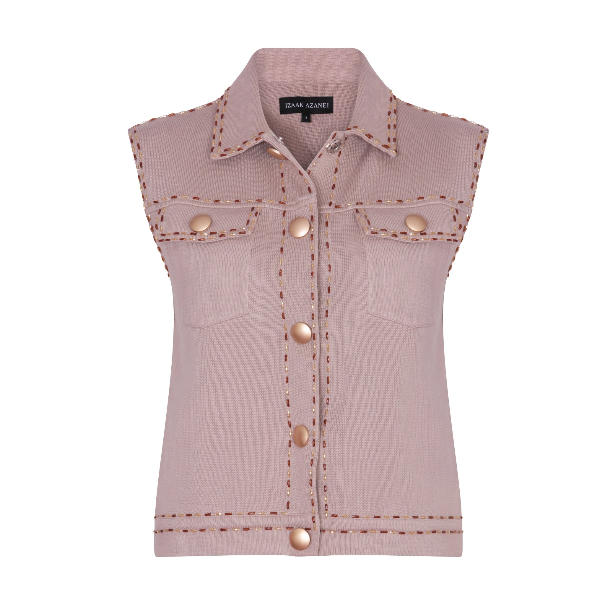 Light Stone Sleeveless Collared Waistcoat with Pocket Detail and Embellishment