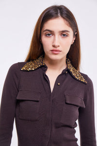 Fitted Shirt with Embellished Collar in Chestnut